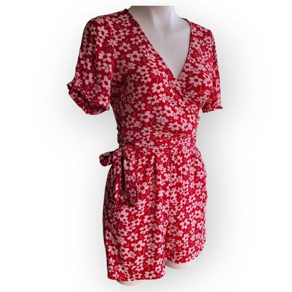 Madewell Red/White Daisy Wrap Romper Size 2 - Picture 3 of 14